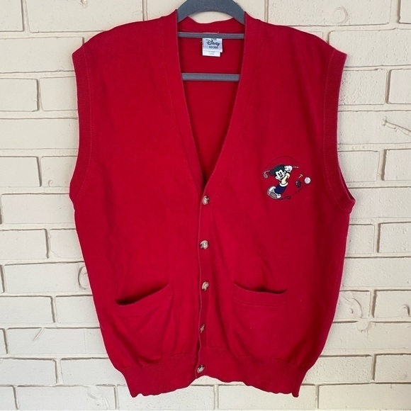 Disney Other - Vtg THE DISNEY STORE Mens Vest Sweater Red Embroidered Mickey Mouse Golf LARGE L